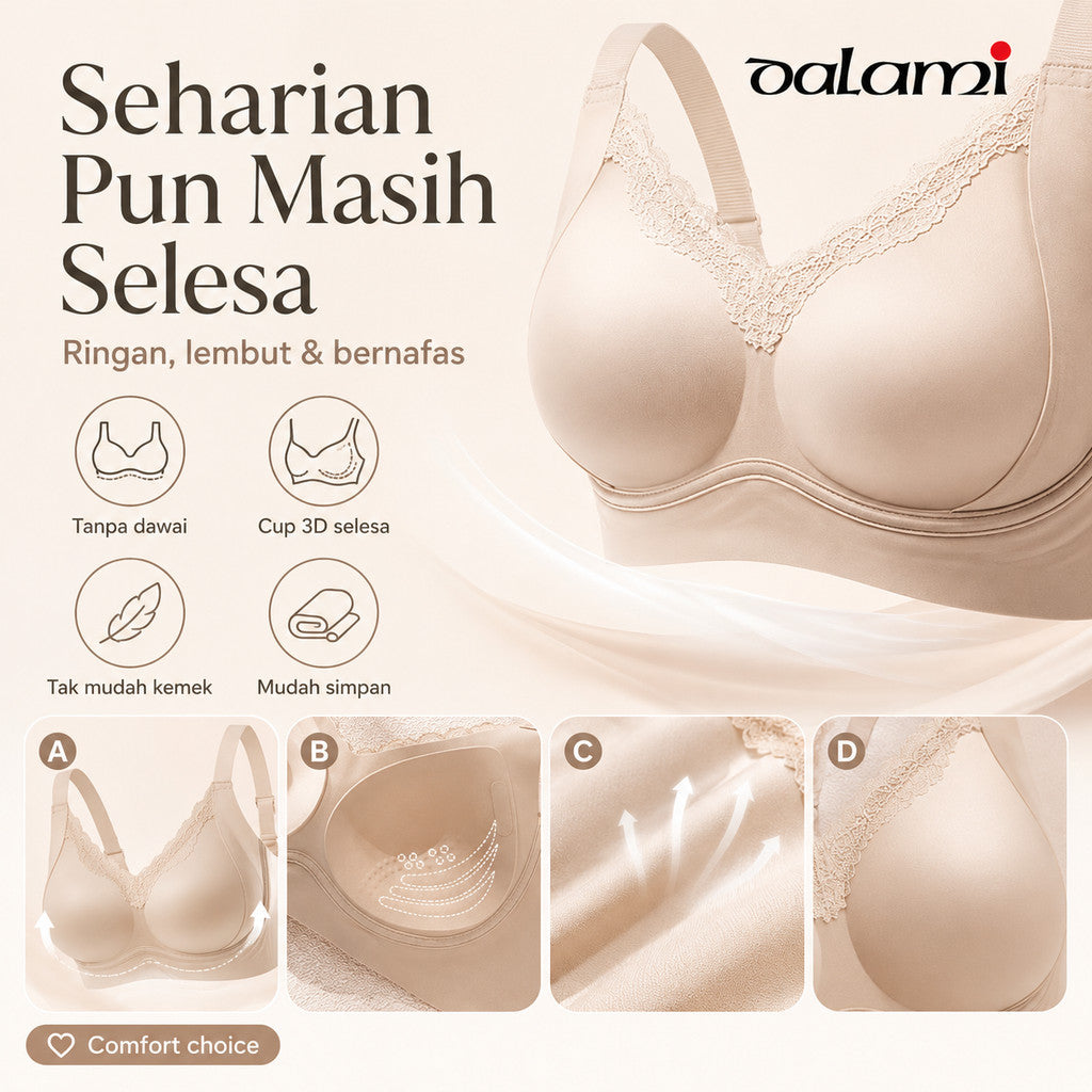 [DALAMI] VELORA Satin Bra Wanita Tanpa Dawai Seamless Soft Support Full Cup Selesa Tak Bertanda Innerwear Harian M-2XL