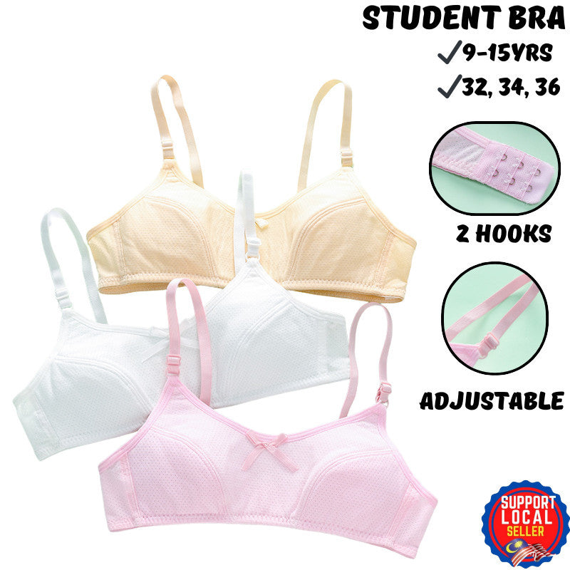 9-15yrs Teen Bra Teenage Girls Training Sport Baju Dalam Budak Perempuan Student Adjustable Strap Two Hook Soft Cotton