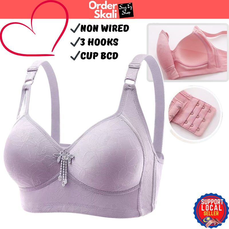 Women Bra Plus Size Full Cup BCD Non Wired Wireless Baju Dalam Wanita Tanpa Dawai 3 Cangkuk Tali Lebar Cover Lemak Coli