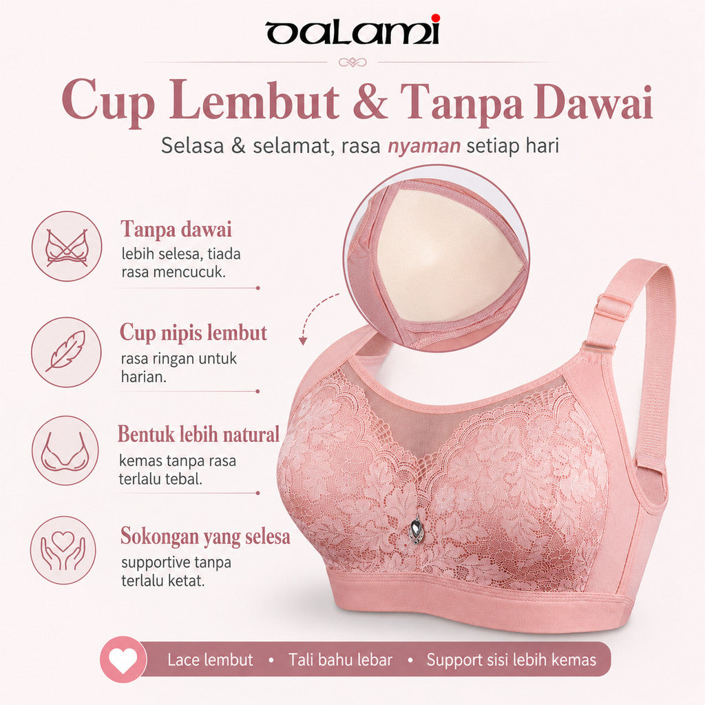 [DALAMI] ELORA Bra Tanpa Dawai Wanita C Cup Full Cup Lace Supportive Bra Harian Selesa Saiz 38/85C - 44/100C