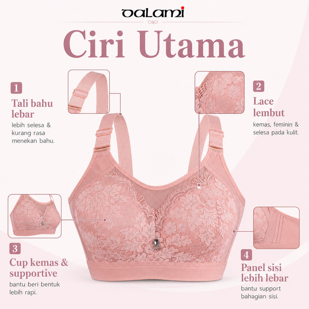 [DALAMI] ELORA Bra Tanpa Dawai Wanita C Cup Full Cup Lace Supportive Bra Harian Selesa Saiz 38/85C - 44/100C