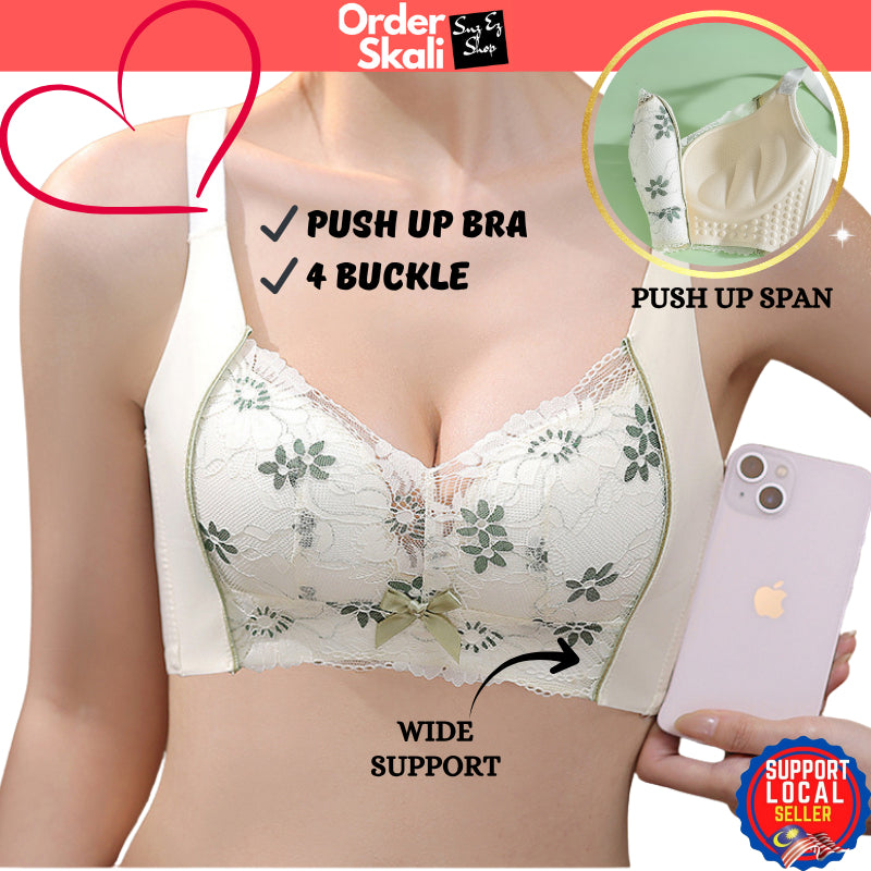 Push Up Bra Tanpa Dawai Renda 4 Hook V Neck Baju Dalam Wanita Cup AB C Kecil Nampak Besar Wireless Support Adjustable