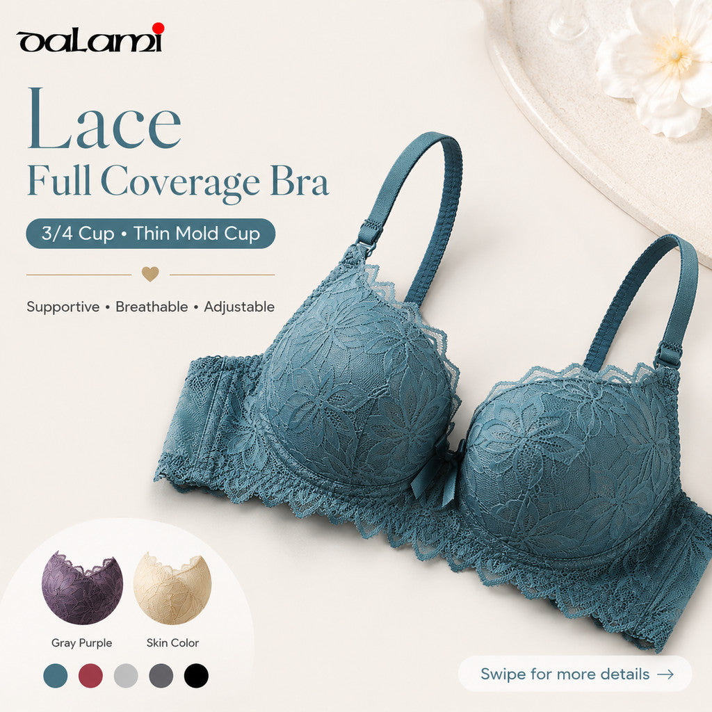 DALAMI LUXENA Wired Lace Bra | 3/4 Cup Thin Mold Cup Bra | Bra Berdawai Lace Full Coverage | Adjustable Strap Bra BC Cup