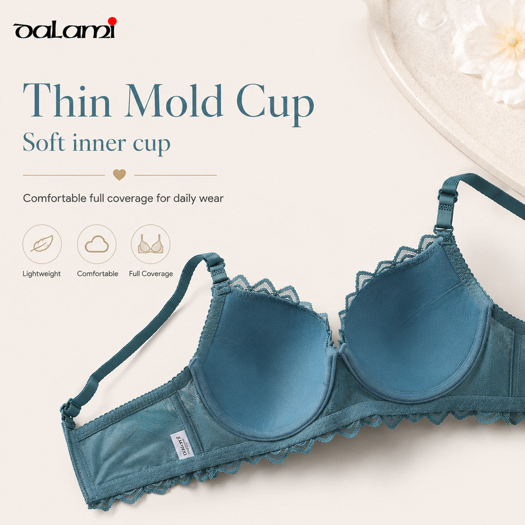 DALAMI LUXENA Wired Lace Bra | 3/4 Cup Thin Mold Cup Bra | Bra Berdawai Lace Full Coverage | Adjustable Strap Bra BC Cup