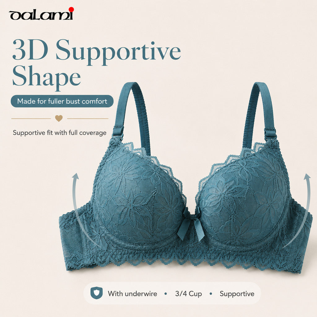 DALAMI LUXENA Wired Lace Bra | 3/4 Cup Thin Mold Cup Bra | Bra Berdawai Lace Full Coverage | Adjustable Strap Bra BC Cup