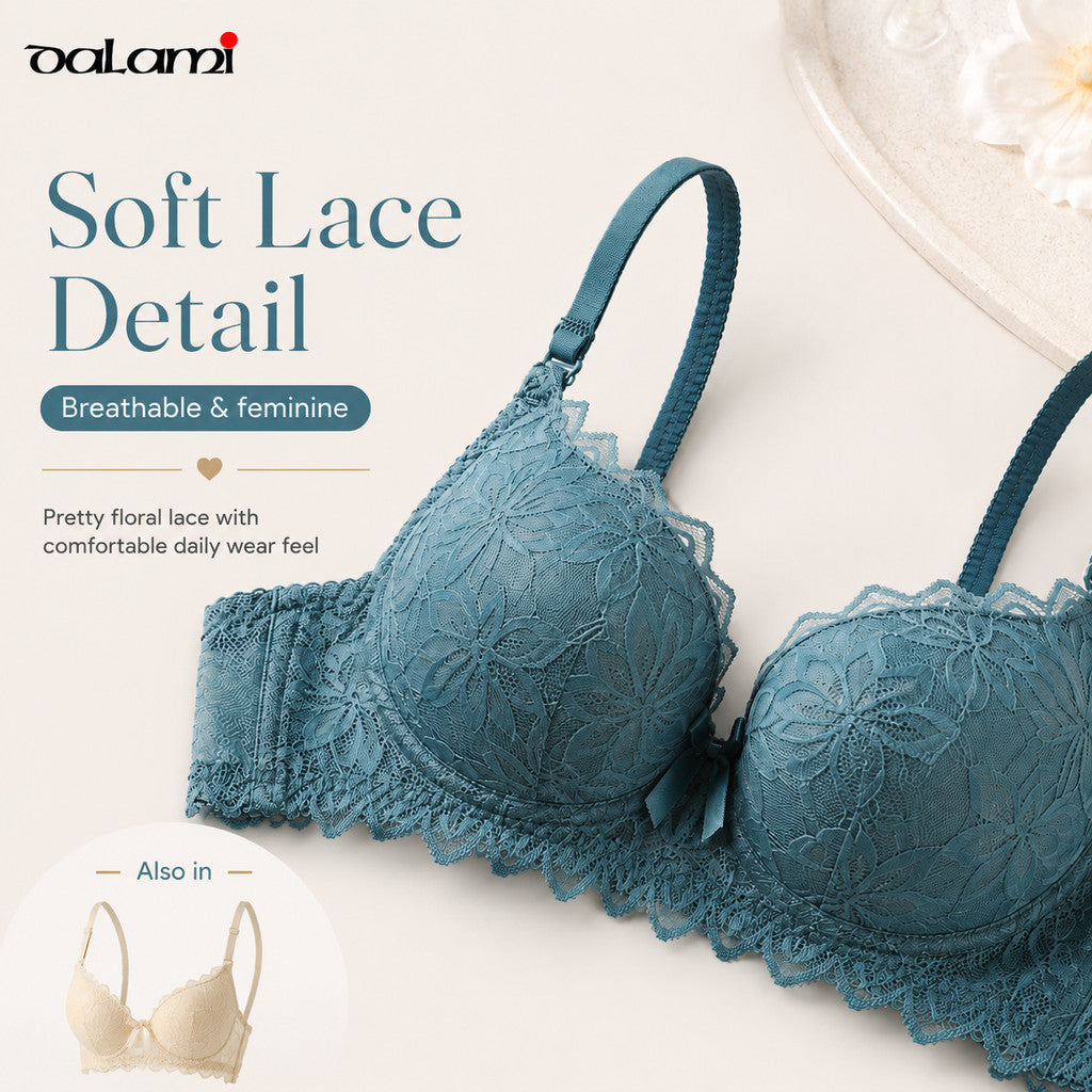 DALAMI LUXENA Wired Lace Bra | 3/4 Cup Thin Mold Cup Bra | Bra Berdawai Lace Full Coverage | Adjustable Strap Bra BC Cup