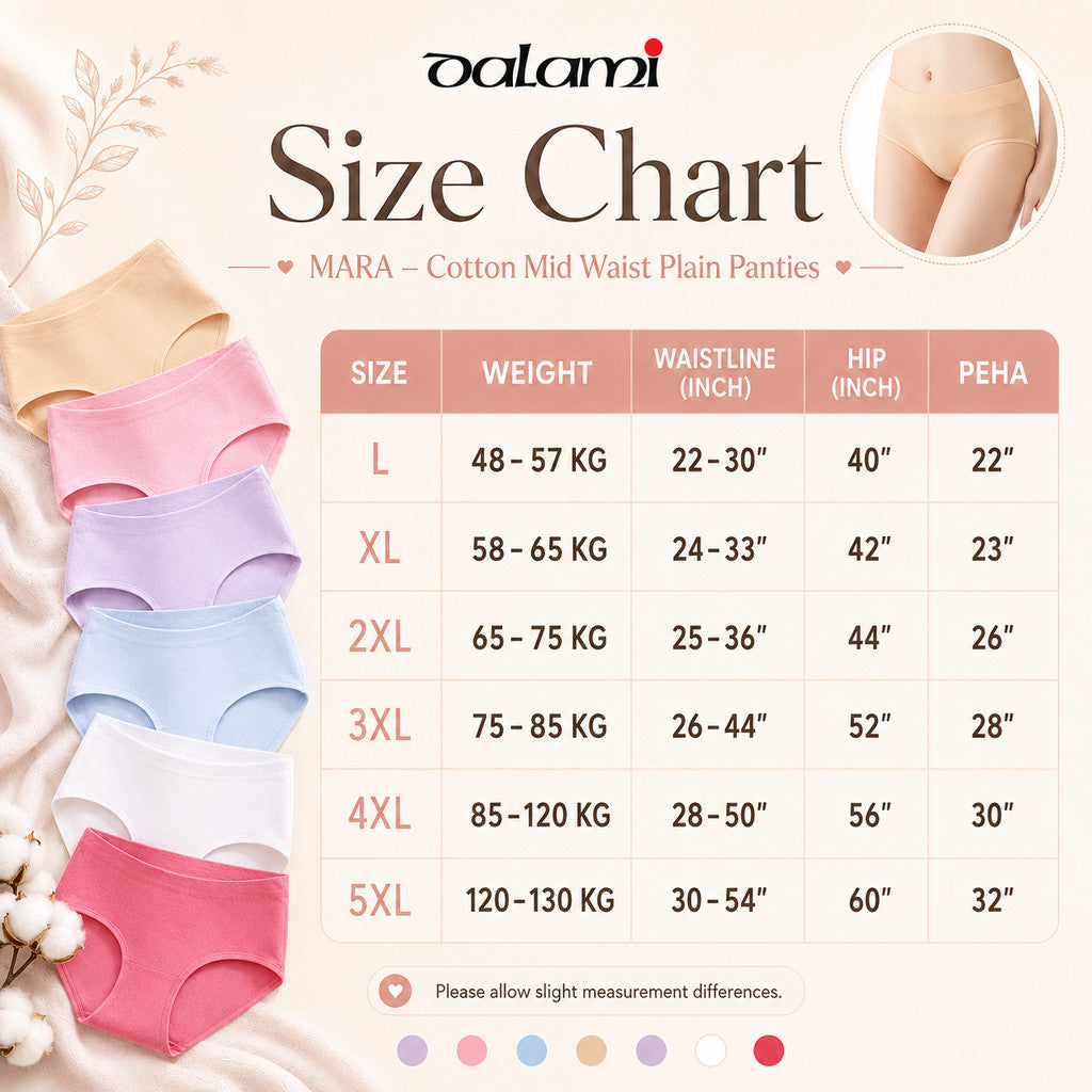 [DALAMI] MARA Panties Cotton Mid Waist Plain Seluar Dalam Wanita Soft Breathable Underwear Women Plus Size L-5XL