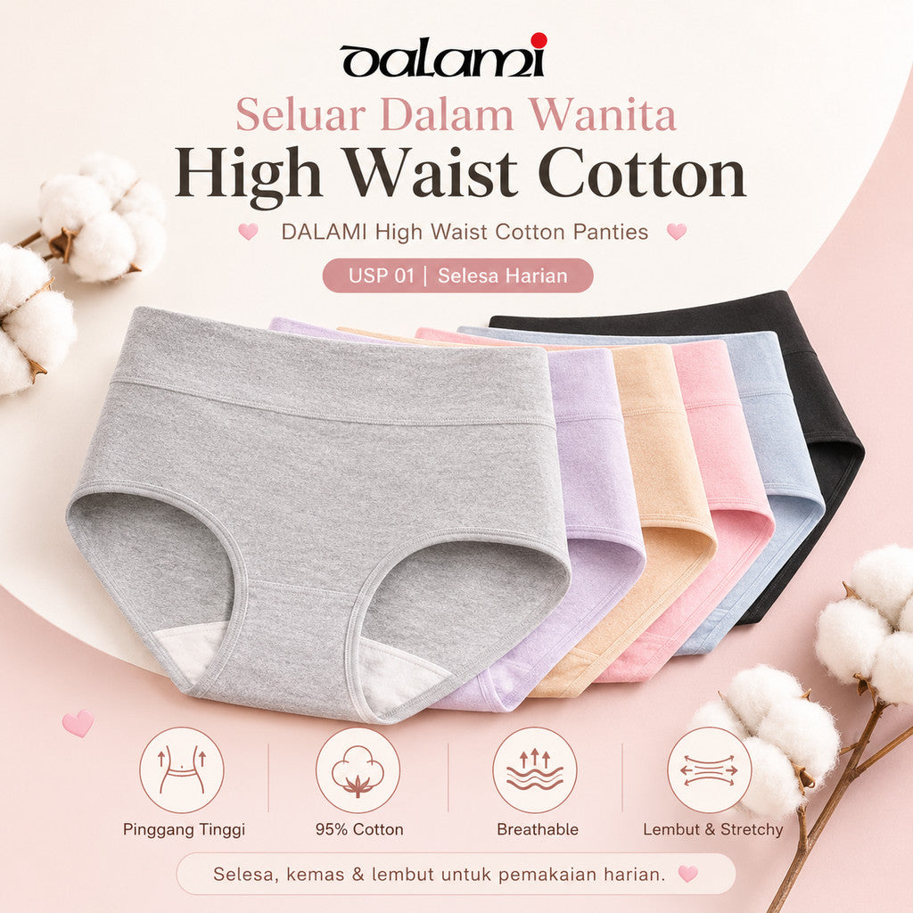 [DALAMI] LARA 47-115kg 5pcs Cotton High Waist Plus Size Panties Underwear Women Seluar Dalam Wanita Female Panty