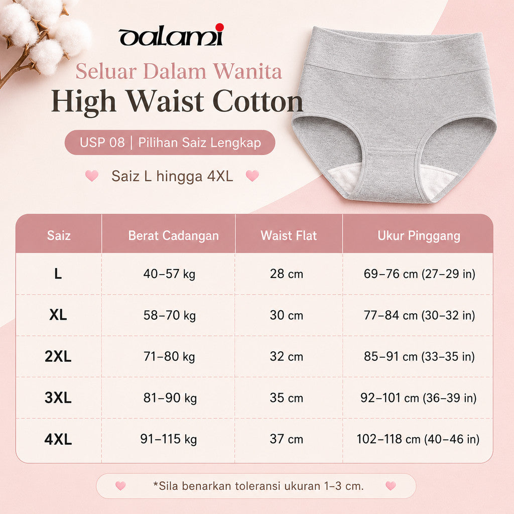 [DALAMI] LARA 47-115kg 5pcs Cotton High Waist Plus Size Panties Underwear Women Seluar Dalam Wanita Female Panty