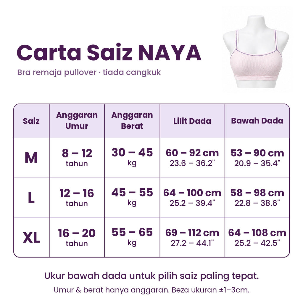 [DALAMI] NAYA Teen Training Bra Remaja Perempuan Cotton Lembut Pad Lembut Tanpa Dawai Breathable | Bra Budak Teen Bra Comfort Innerwear Sekolah 1 Tali 2 Tali
