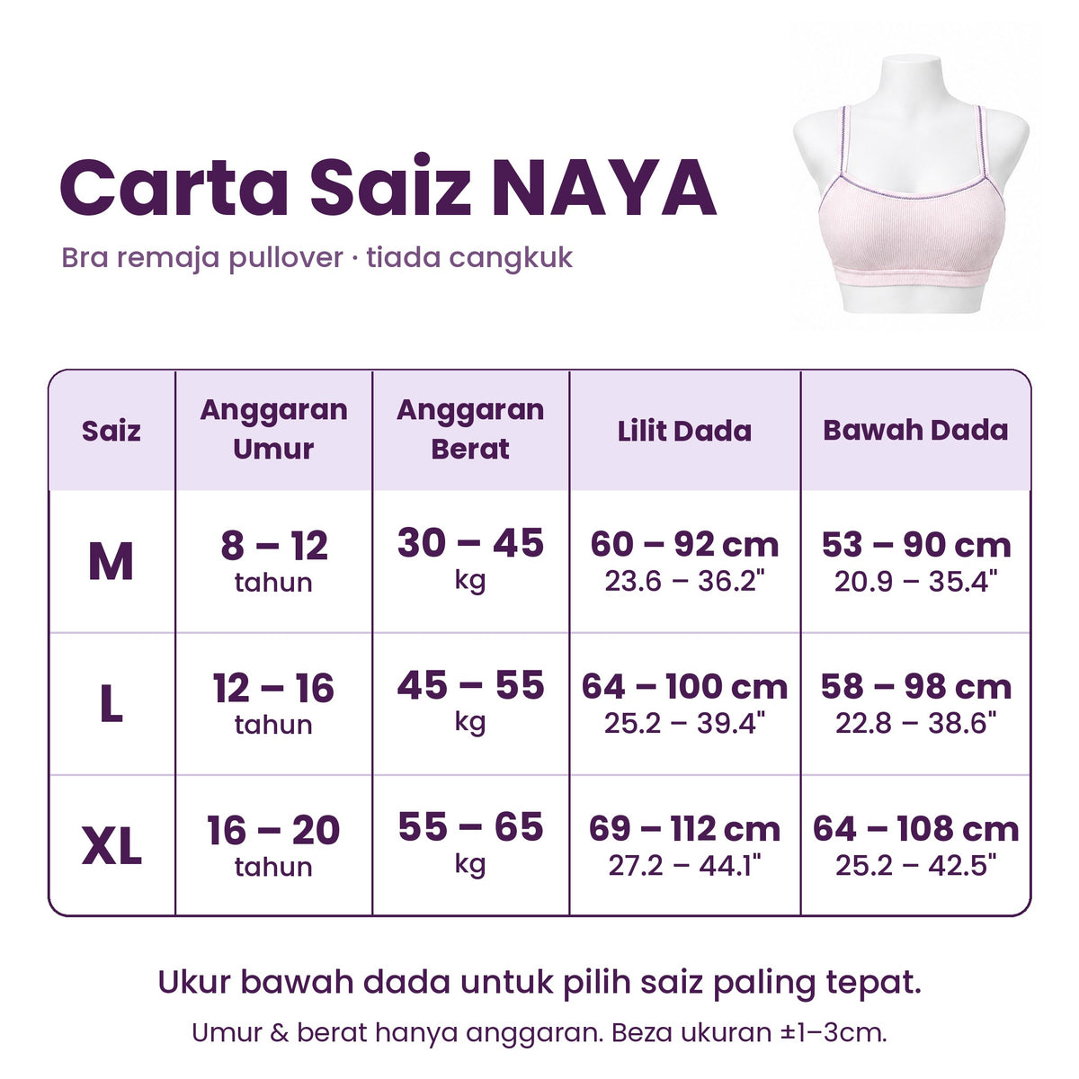 [DALAMI] NAYA Teen Training Bra Remaja Perempuan Cotton Lembut Pad Lembut Tanpa Dawai Breathable | Bra Budak Teen Bra Comfort Innerwear Sekolah 1 Tali 2 Tali