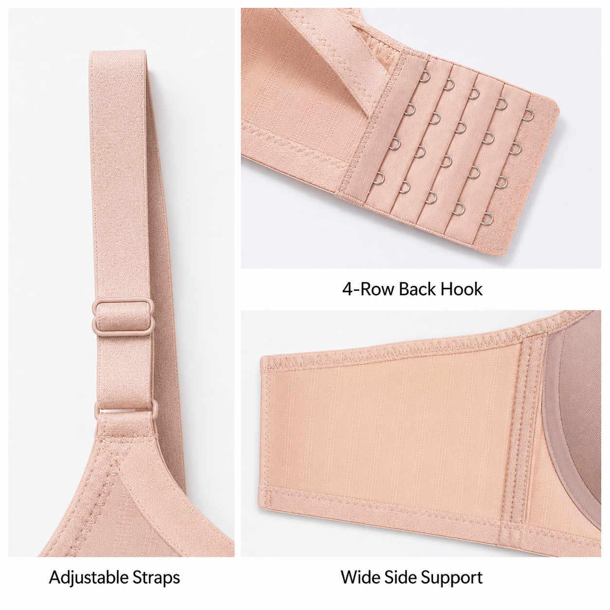 Alya bra adjustable straps back hook and side support details