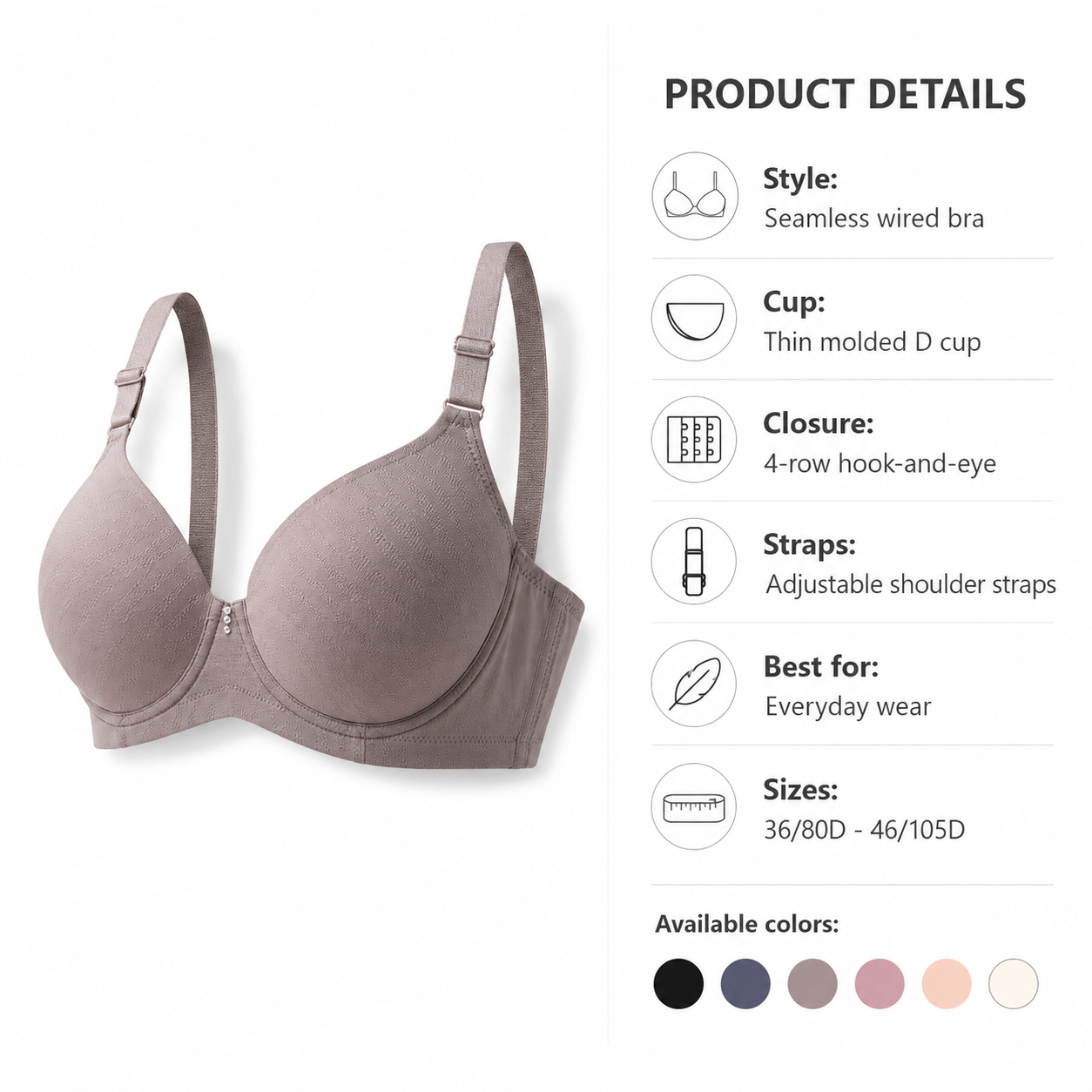 Alya Seamless Wired Bra product details and size range