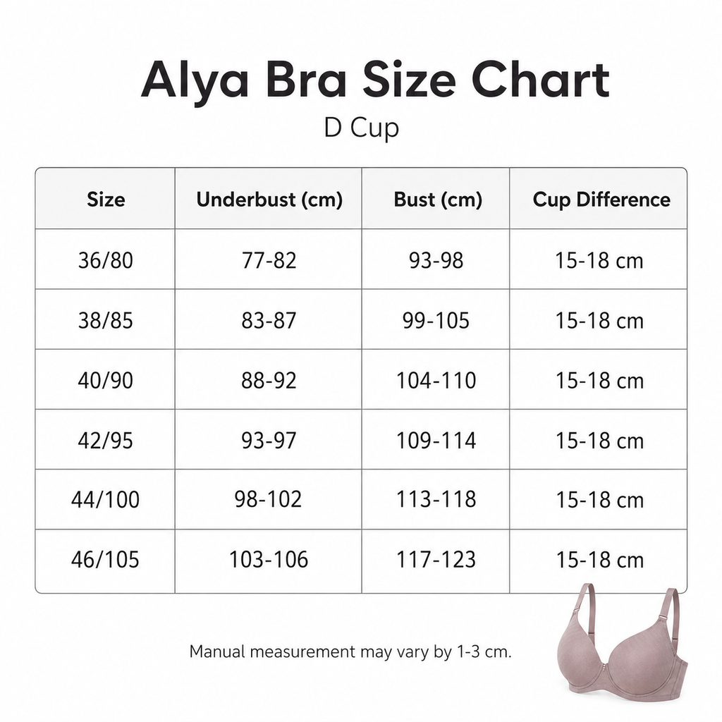 Alya Bra D Cup size chart 36 80D to 46 105D