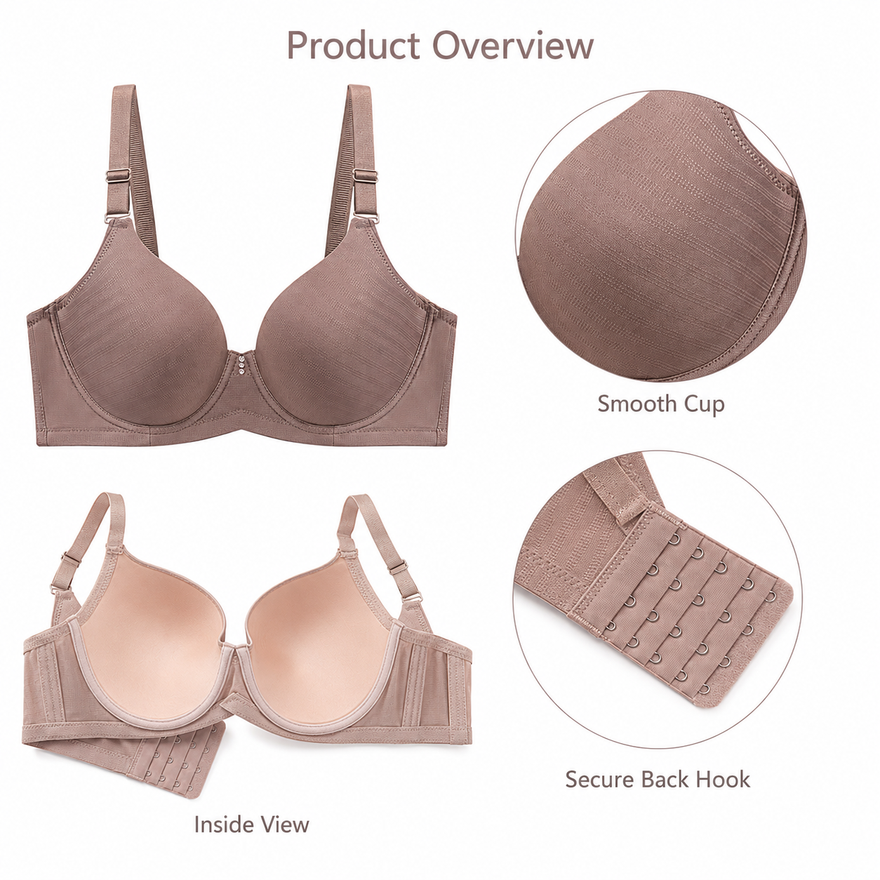 Alya bra product overview smooth cup inside view secure back hook