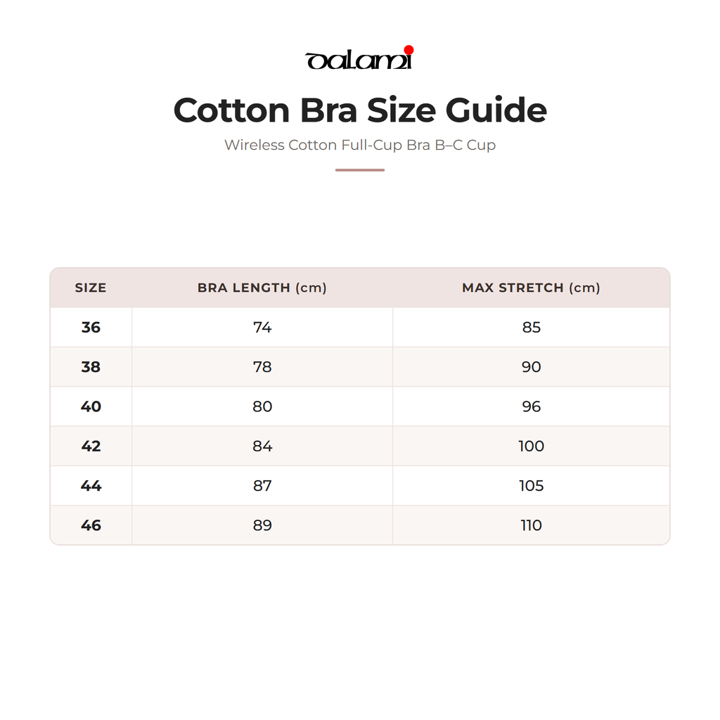 DALAMI Wireless Cotton Full-Cup Bra B–C Cup – size chart