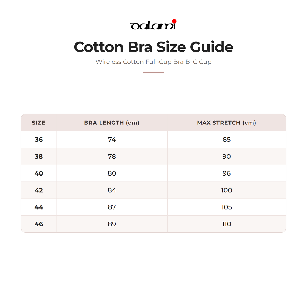 DALAMI Wireless Cotton Full-Cup Bra B–C Cup – size chart