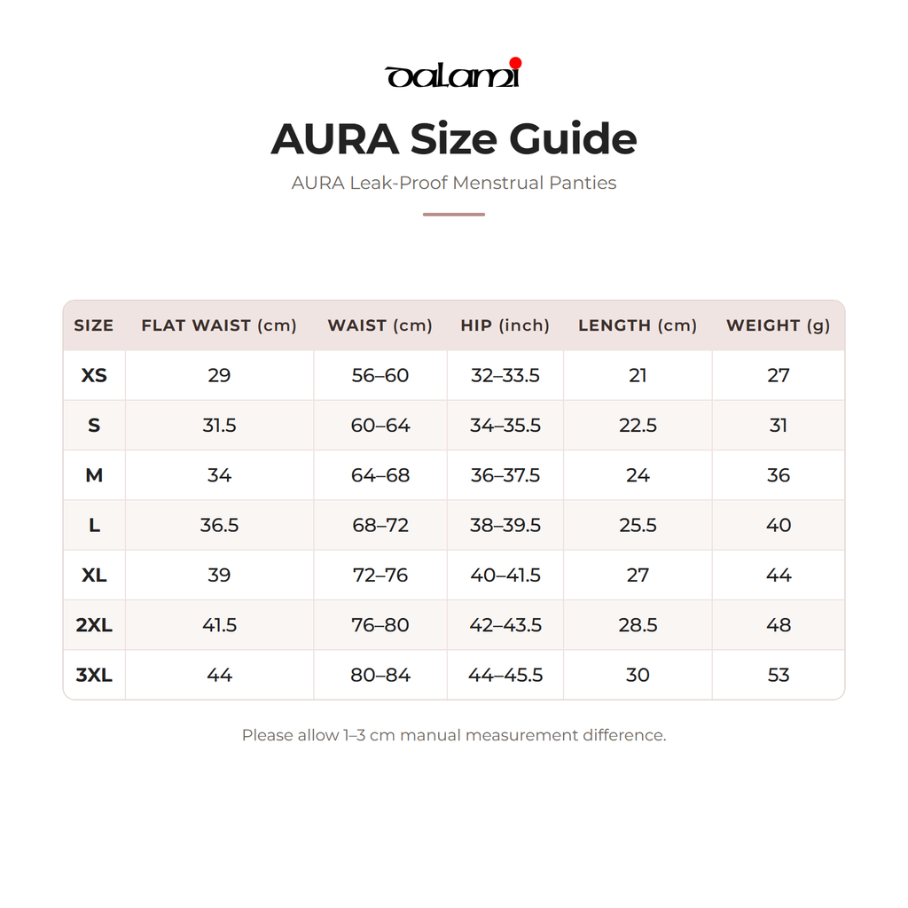 DALAMI AURA Leak-Proof Menstrual Panties – size chart