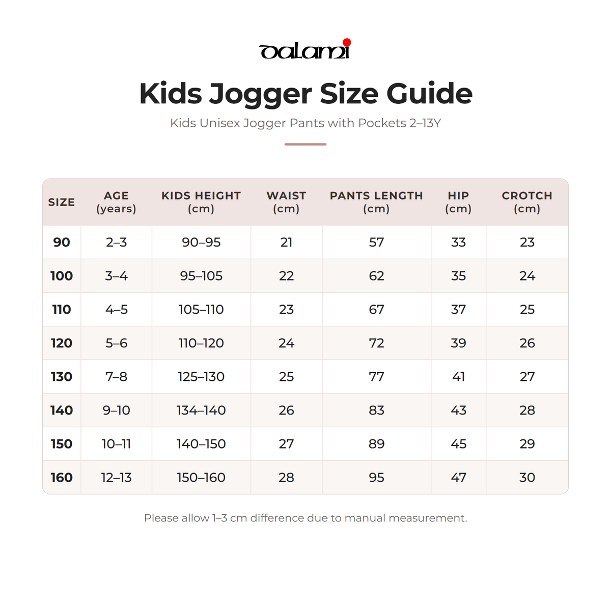 DALAMI Kids Unisex Jogger Pants with Pockets 2–13Y – size chart