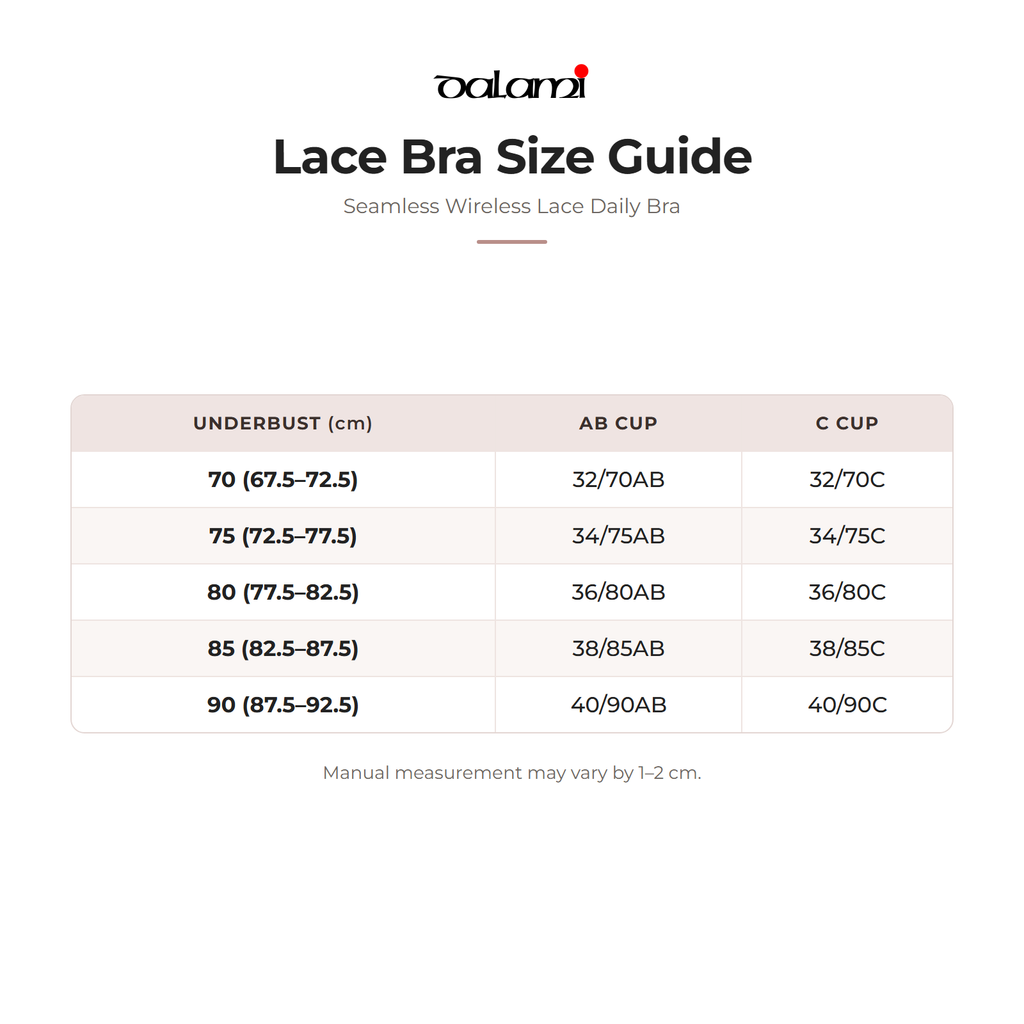 DALAMI Seamless Wireless Lace Daily Bra – size chart
