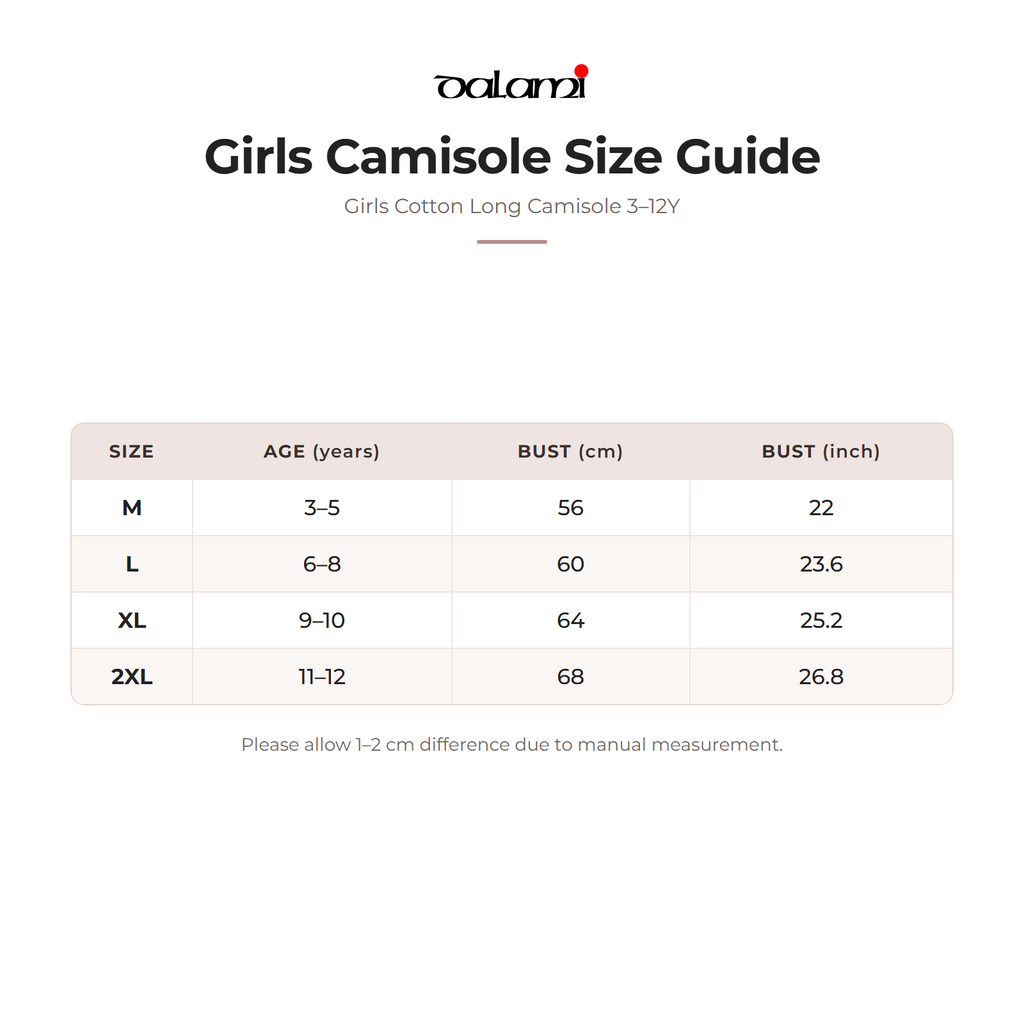 DALAMI Girls Cotton Long Camisole 3–12Y – size chart