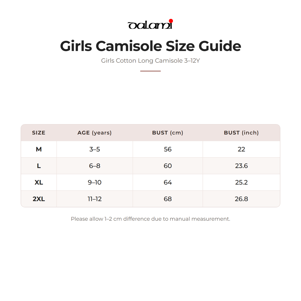 DALAMI Girls Cotton Long Camisole 3–12Y – size chart