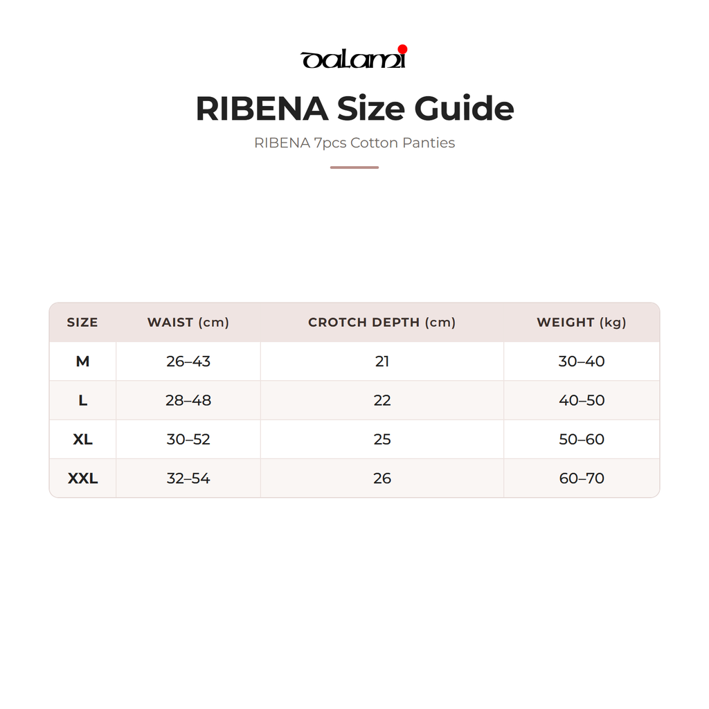 DALAMI RIBENA 7pcs Cotton Panties – size chart