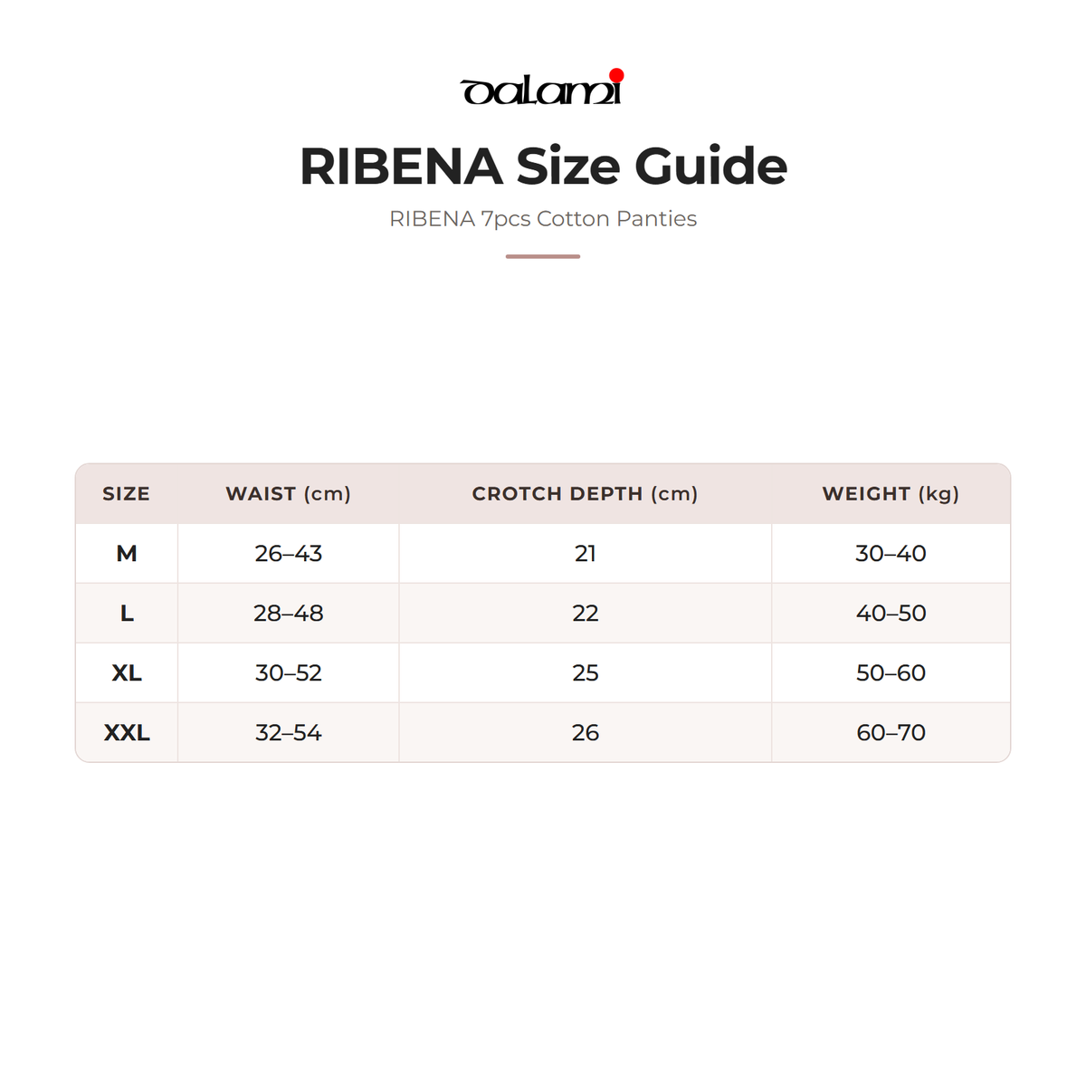 DALAMI RIBENA 7pcs Cotton Panties – size chart