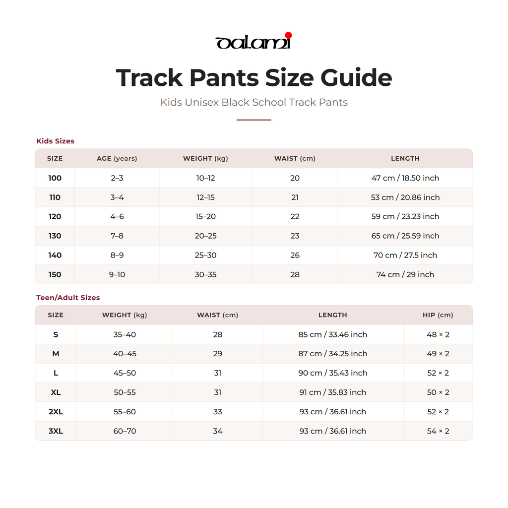 DALAMI Kids Unisex Black School Track Pants – size chart