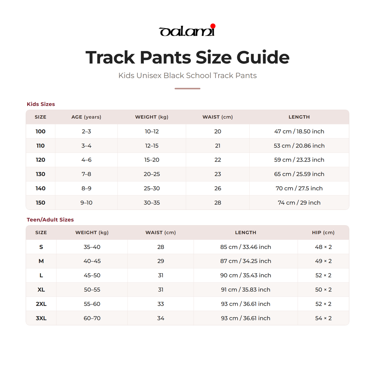 DALAMI Kids Unisex Black School Track Pants – size chart