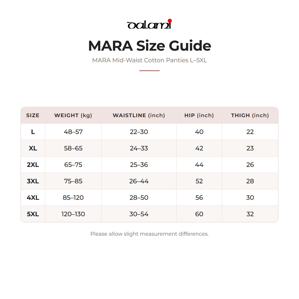 DALAMI MARA Mid-Waist Cotton Panties L–5XL – size chart