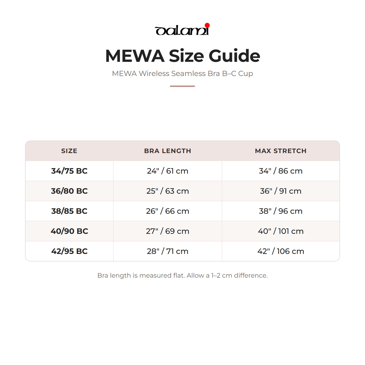 DALAMI MEWA Wireless Seamless Bra B–C Cup – size chart