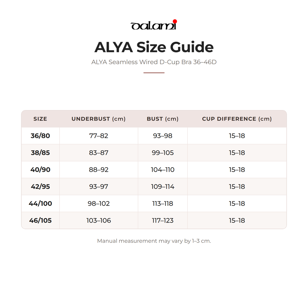 DALAMI ALYA Seamless Wired D-Cup Bra 36–46D – size chart