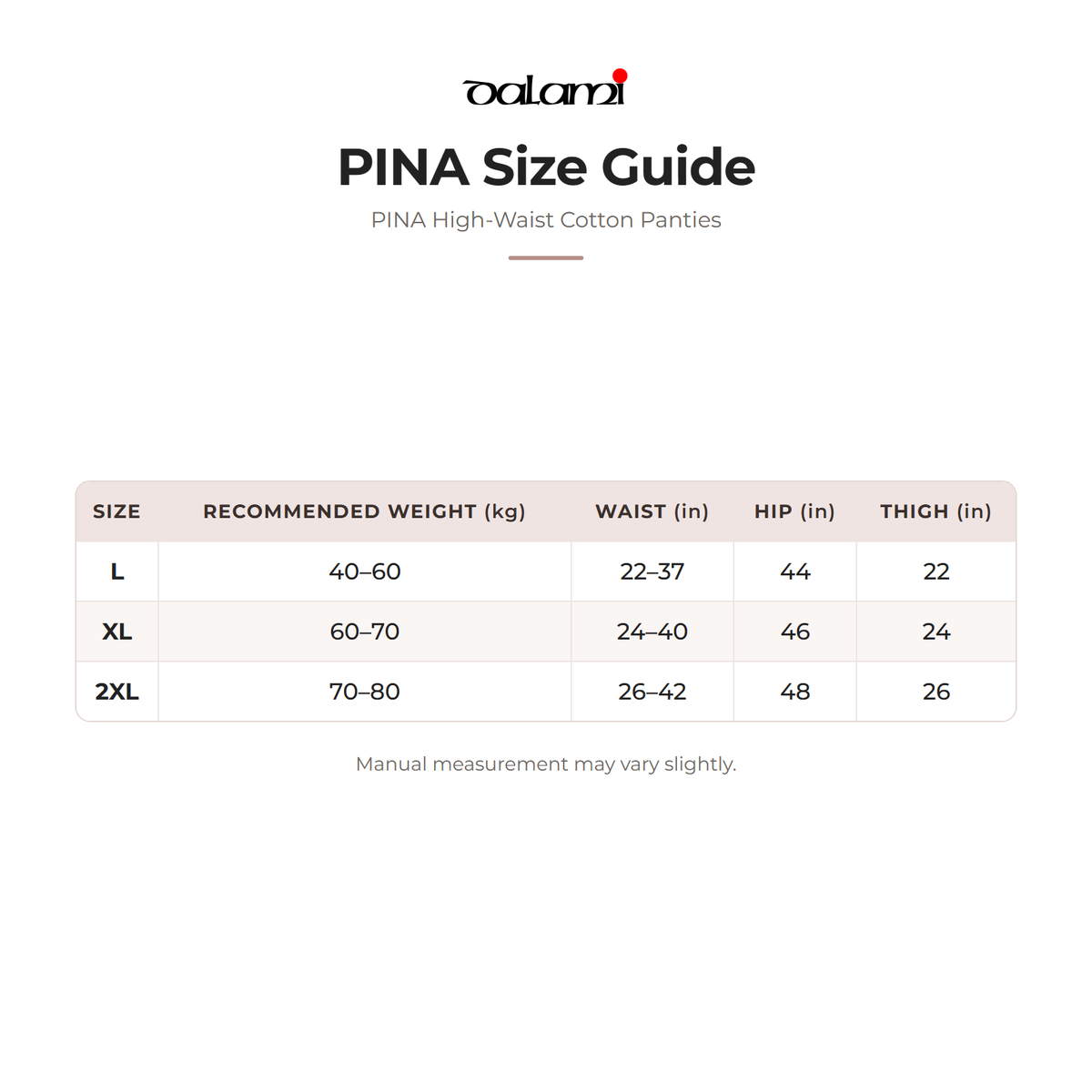 DALAMI PINA High-Waist Cotton Panties – size chart