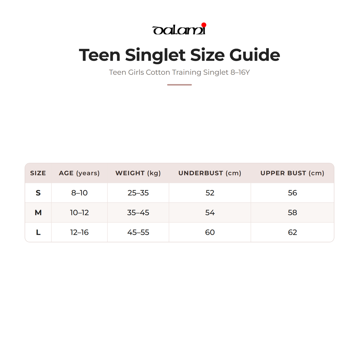 DALAMI Teen Girls Cotton Training Singlet 8–16Y – size chart
