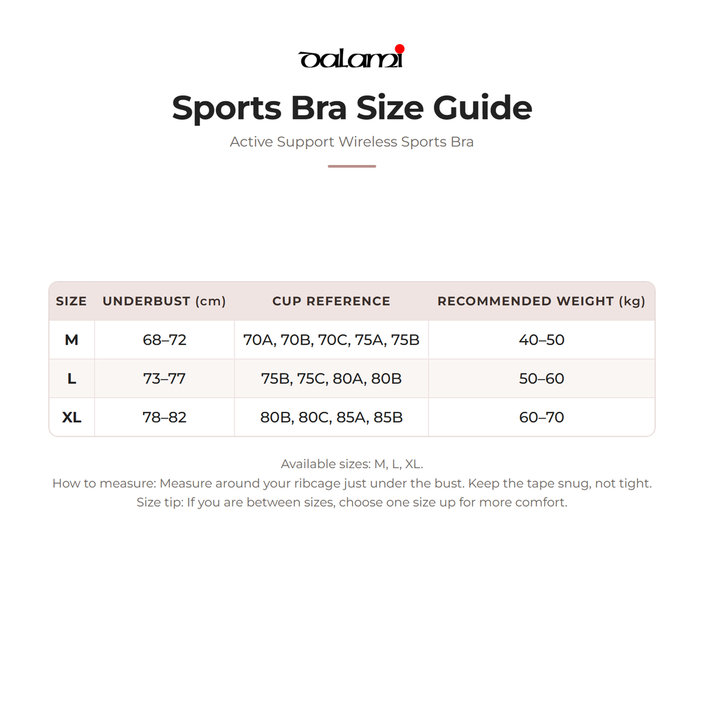 DALAMI Active Support Wireless Sports Bra – size chart