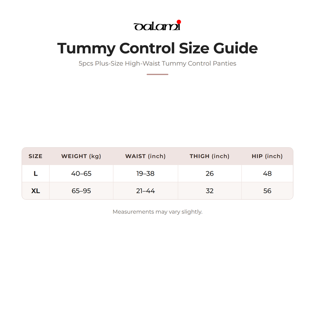 DALAMI 5pcs Plus-Size High-Waist Tummy Control Panties – size chart
