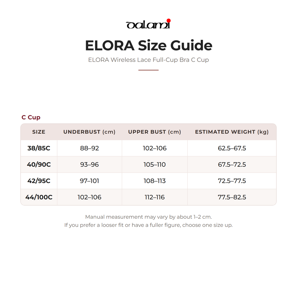 DALAMI ELORA Wireless Lace Full-Cup Bra C Cup – size chart
