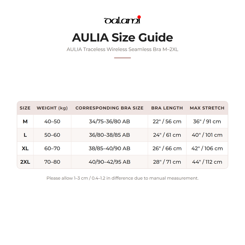 DALAMI AULIA Traceless Wireless Seamless Bra M–2XL – size chart