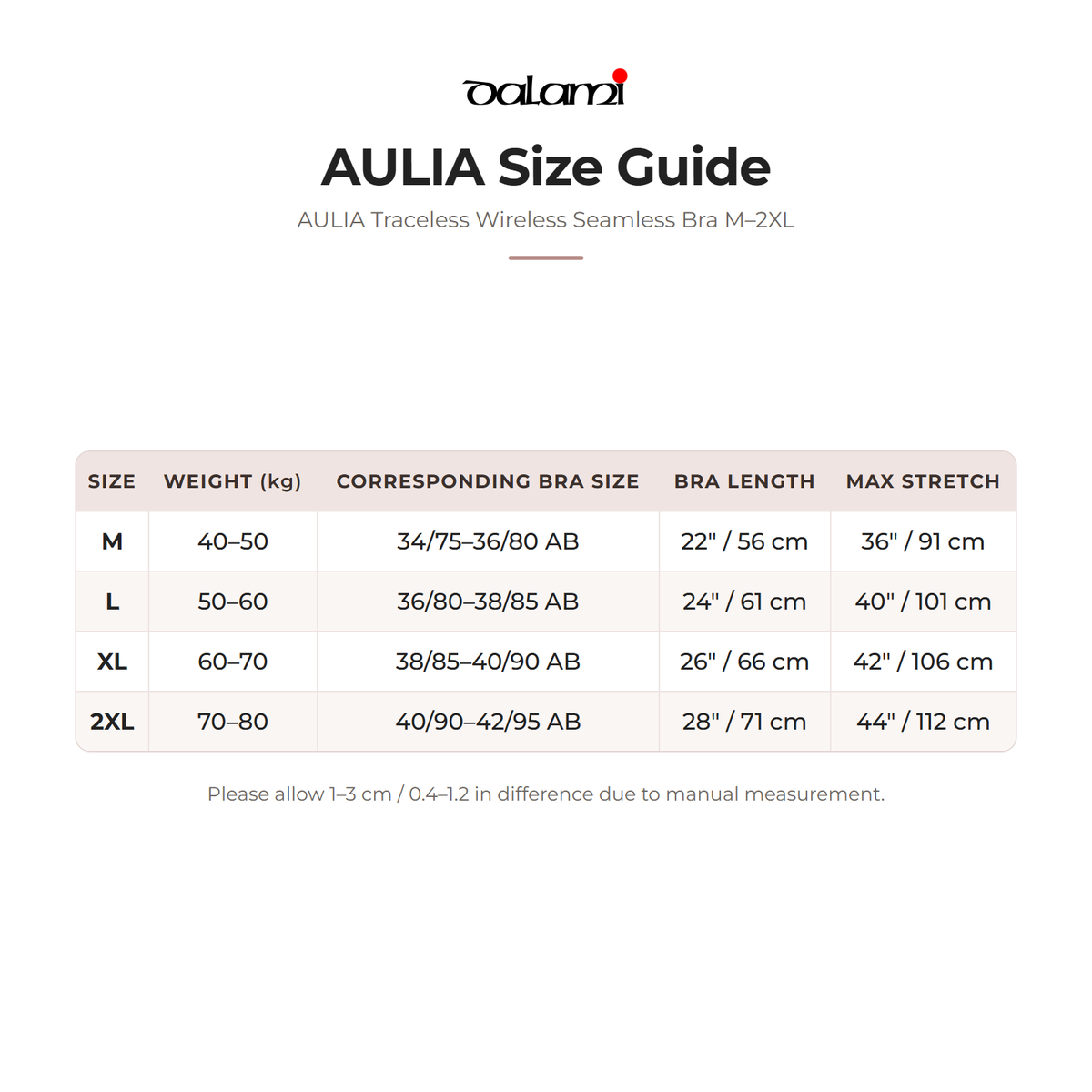 DALAMI AULIA Traceless Wireless Seamless Bra M–2XL – size chart