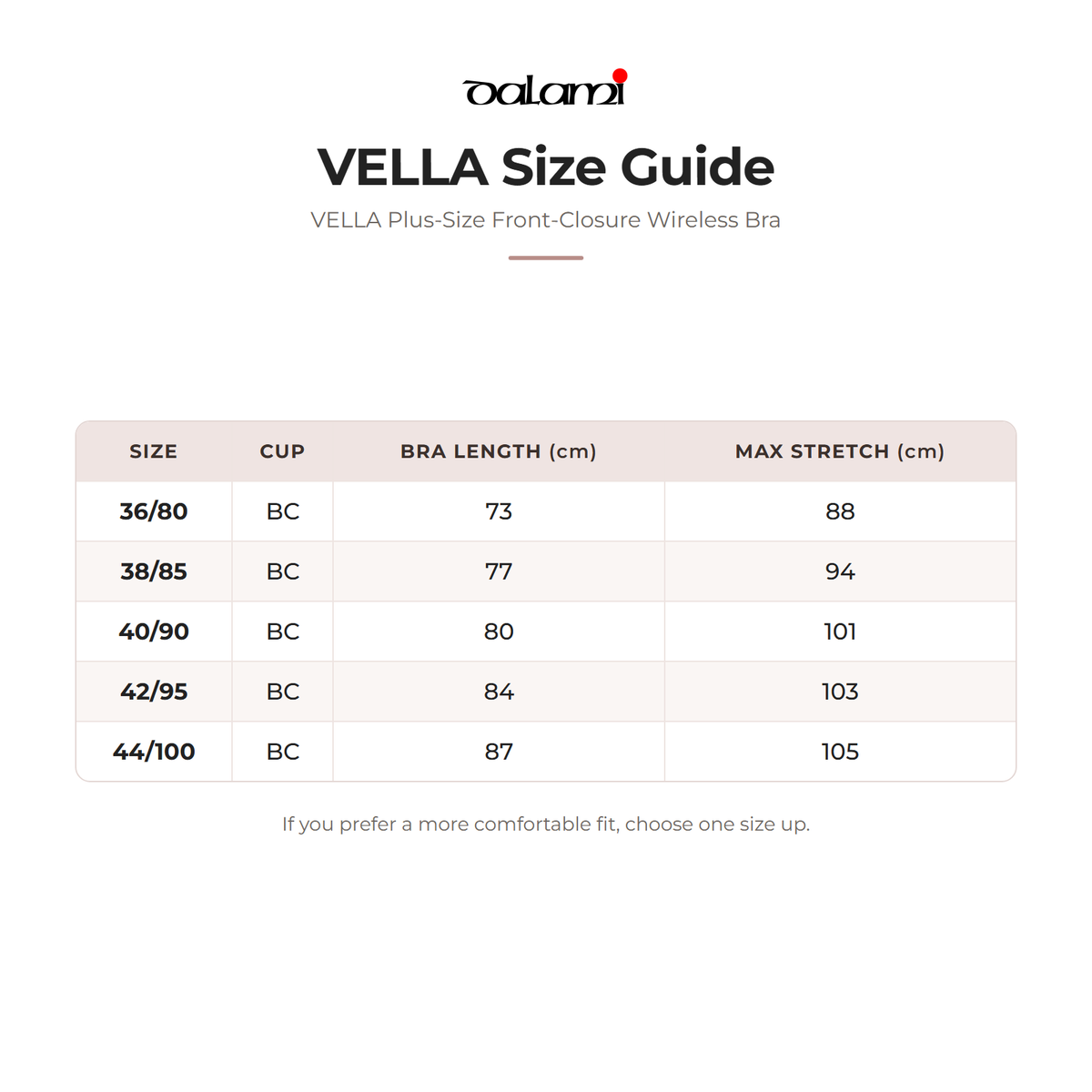 DALAMI VELLA Plus-Size Front-Closure Wireless Bra – size chart