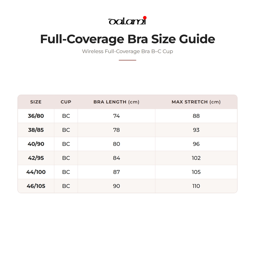 DALAMI Wireless Full-Coverage Bra B–C Cup – size chart