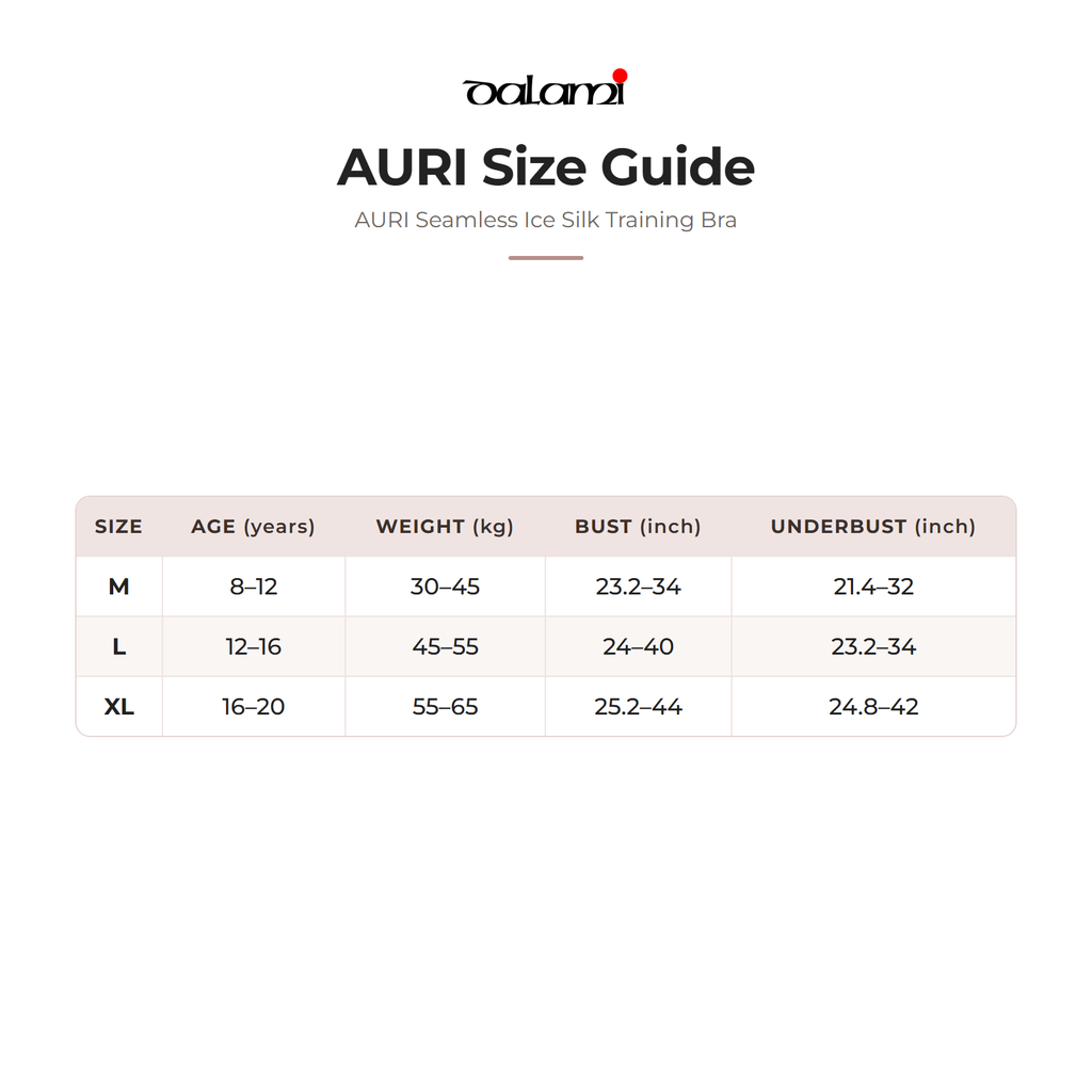DALAMI AURI Seamless Ice Silk Training Bra – size chart