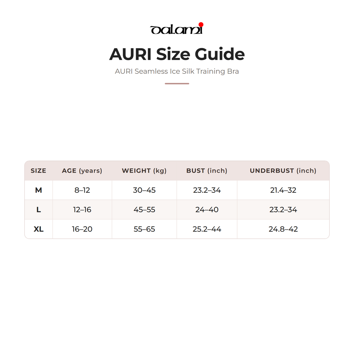 DALAMI AURI Seamless Ice Silk Training Bra – size chart
