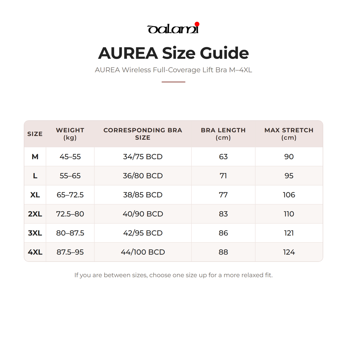 DALAMI AUREA Wireless Full-Coverage Lift Bra M–4XL – size chart
