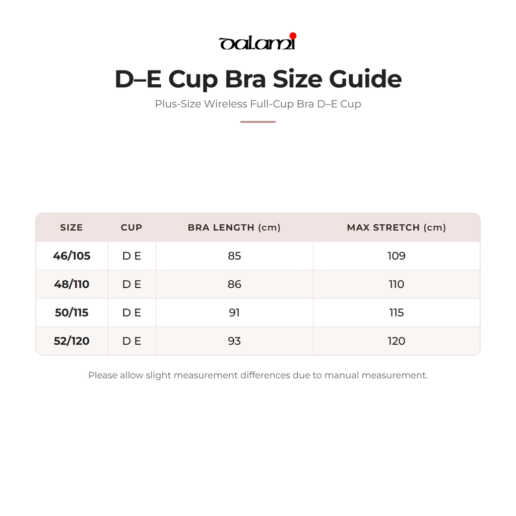 DALAMI Plus-Size Wireless Full-Cup Bra D–E Cup – size chart
