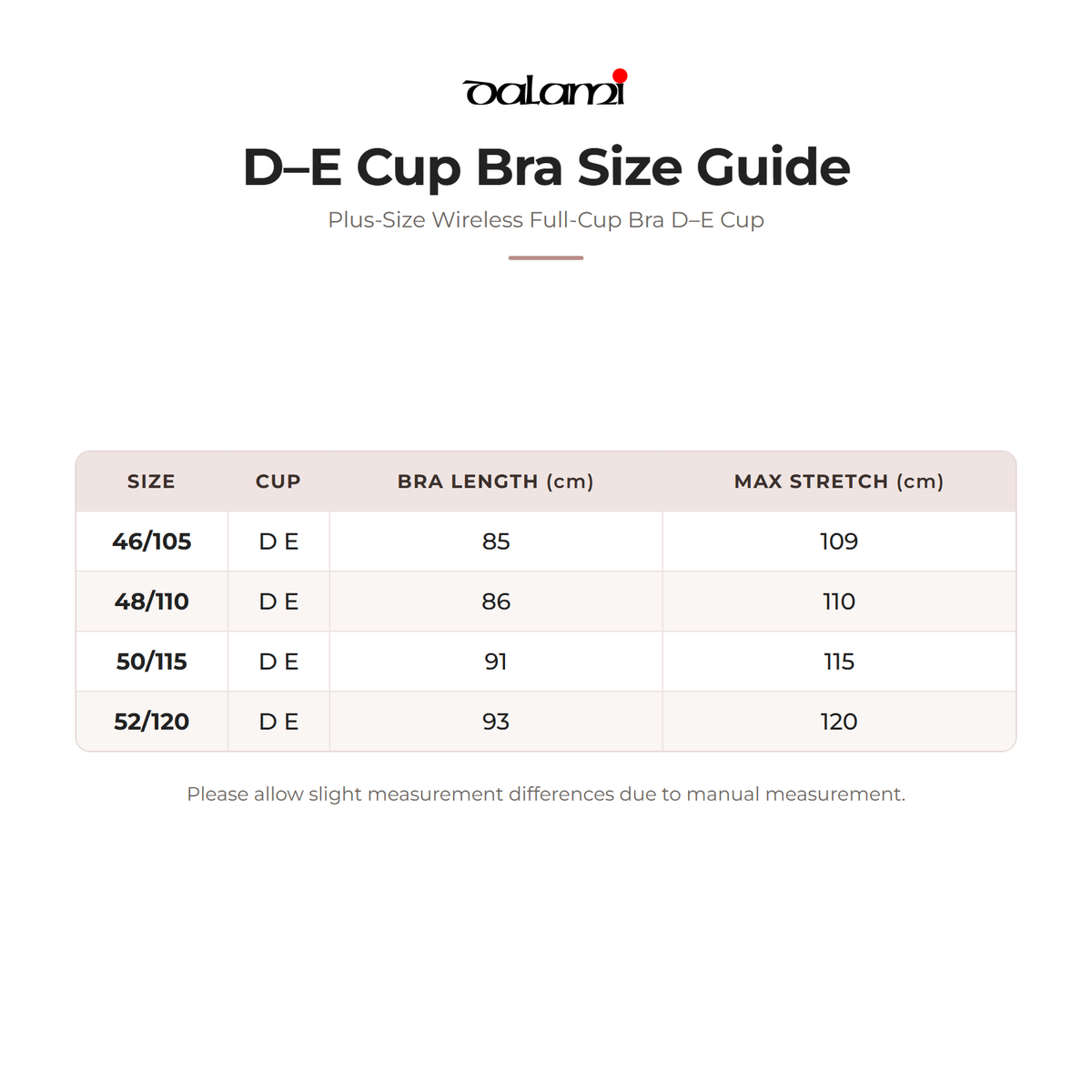 DALAMI Plus-Size Wireless Full-Cup Bra D–E Cup – size chart