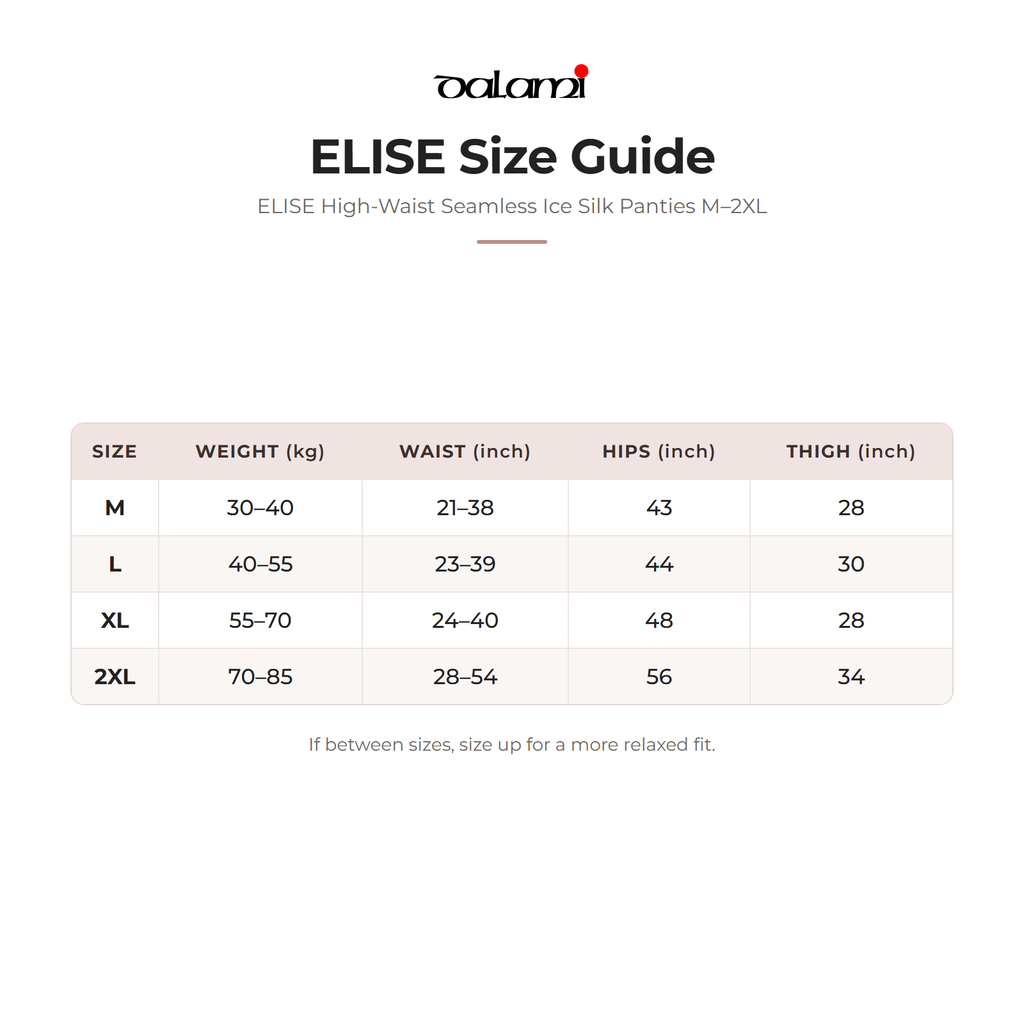 DALAMI ELISE High-Waist Seamless Ice Silk Panties M–2XL – size chart