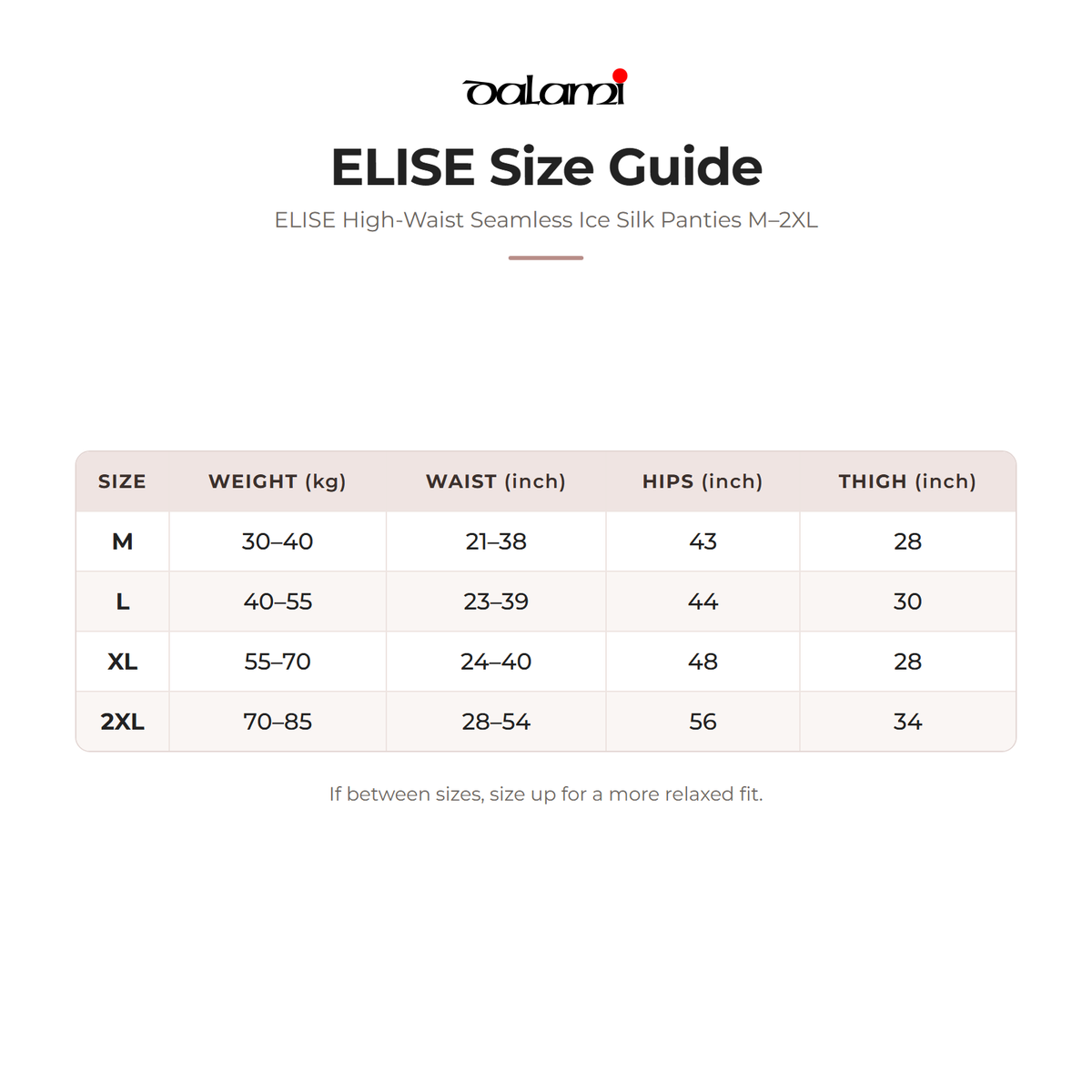 DALAMI ELISE High-Waist Seamless Ice Silk Panties M–2XL – size chart
