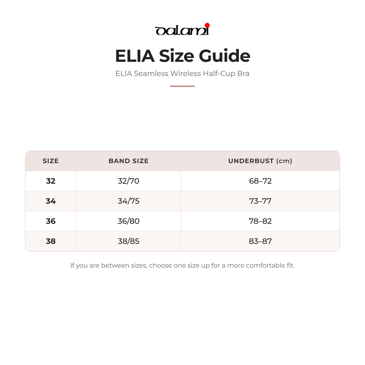 DALAMI ELIA Seamless Wireless Half-Cup Bra – size chart